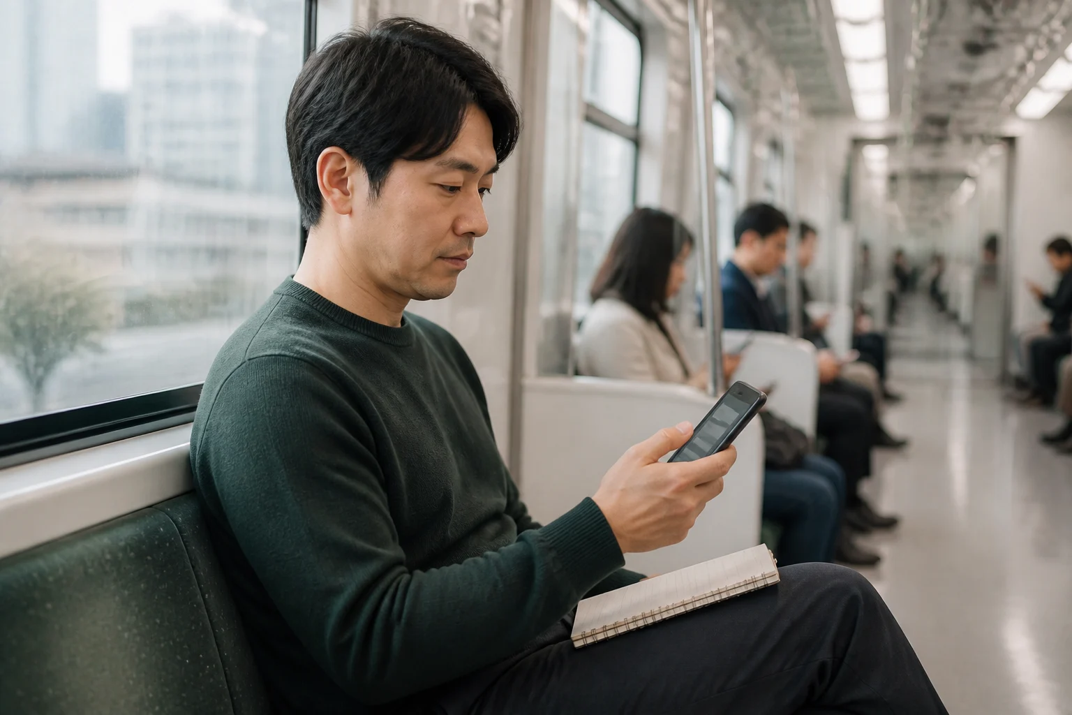 출근길 지하철에서 스마트폰으로 문제를 푸는 학습자