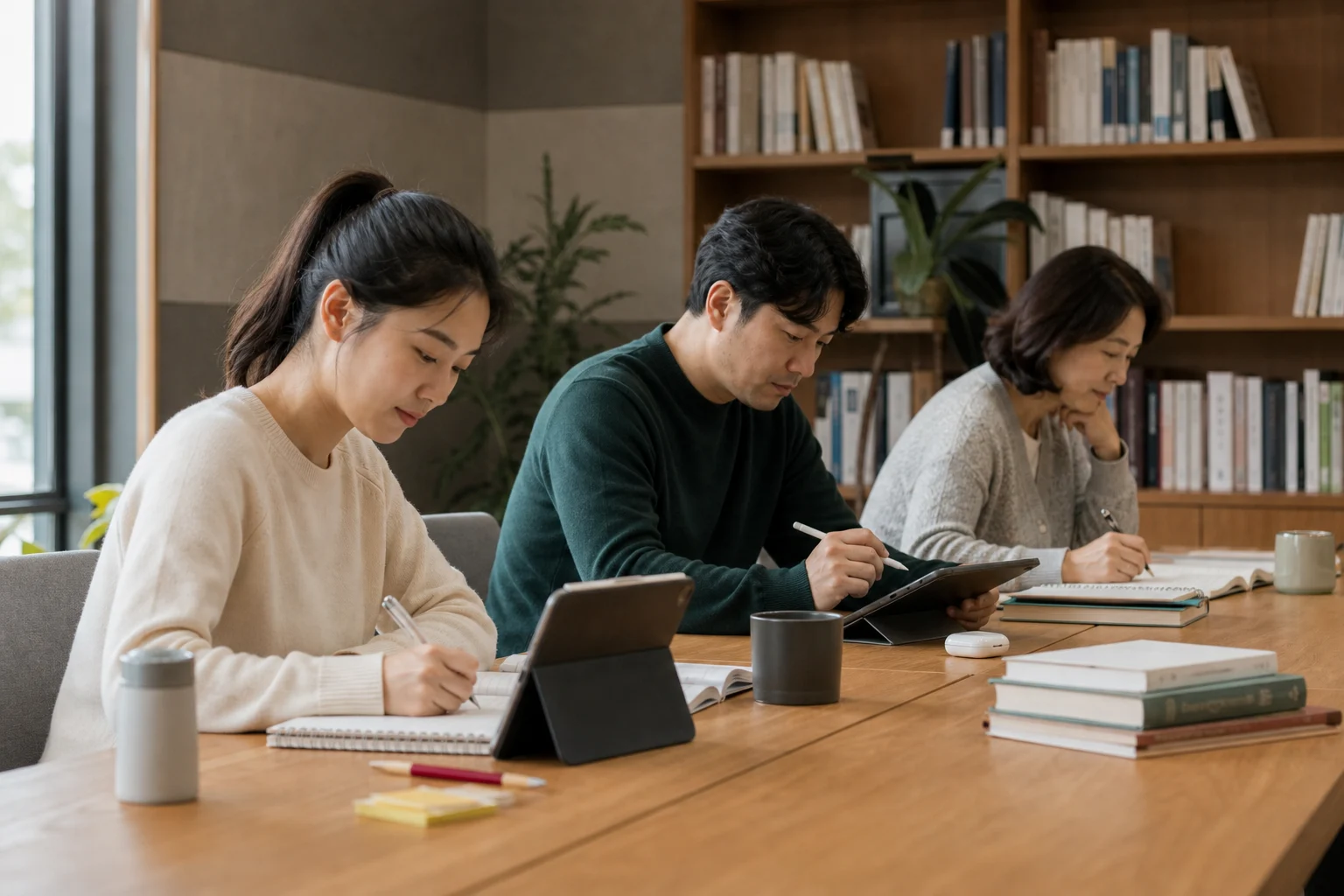 도서관에서 함께 각자의 자격증을 공부하는 성인 학습자들
